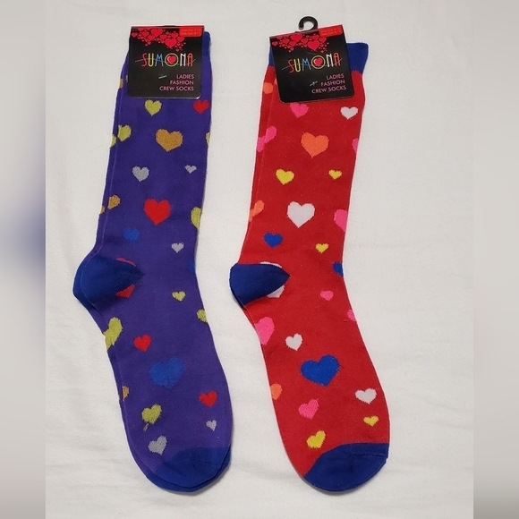 2pairs Red & Purple Hearth Print Sumona Crew Socks - Picture 2 of 7